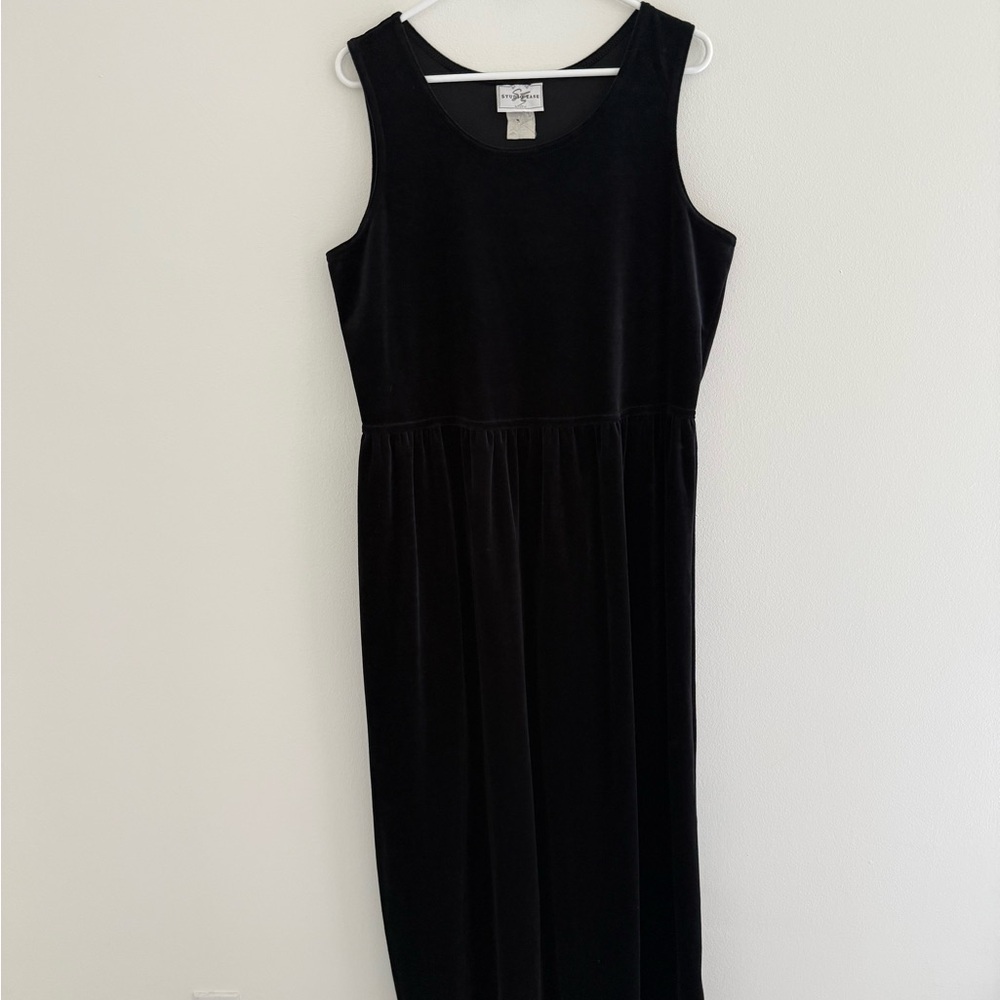 Vintage 90s Studio Ease Black Velvet Scoop Neck Apron Maxi Dress XL